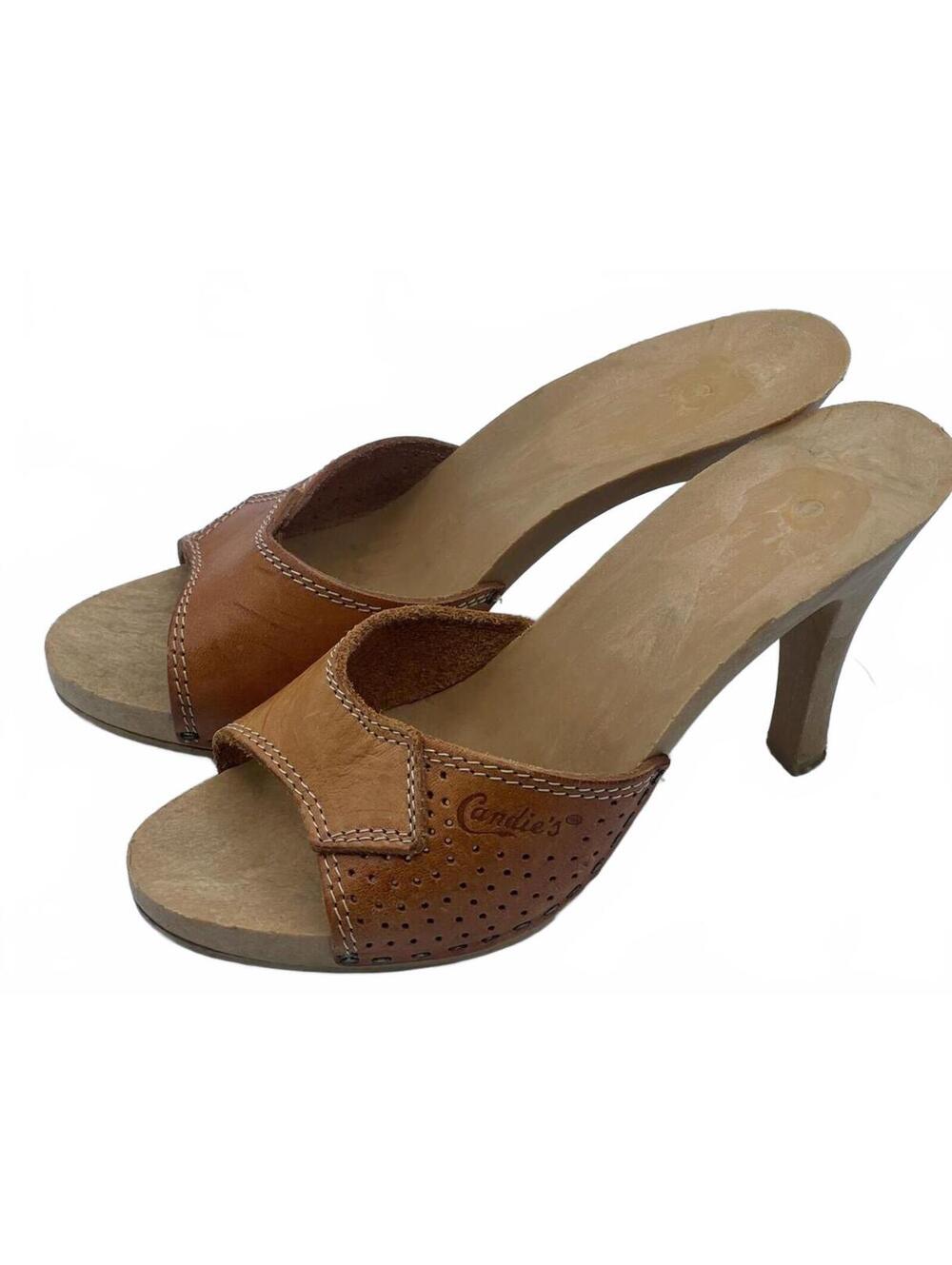 Vintage Candie's Brown Leather Wooden Slide Heels 1970s Classic Polly Style